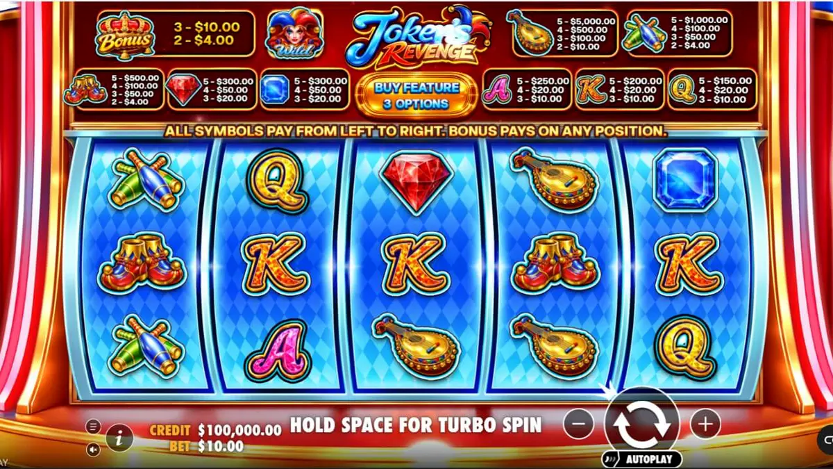 Interface colorida e temática do slot Joker’s Revenge com elementos de arlequim e ícones clássicos.
