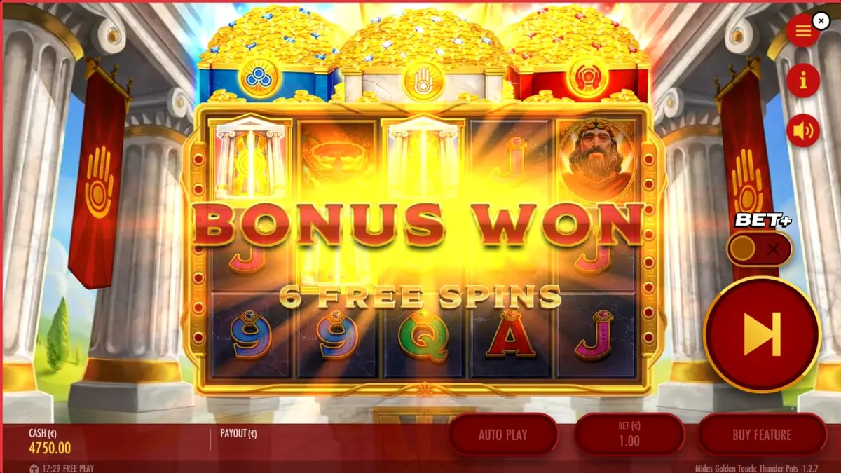 Midas Golden Touch: Thunder Pots slot machine interface featuring golden chests and mythological symbols.